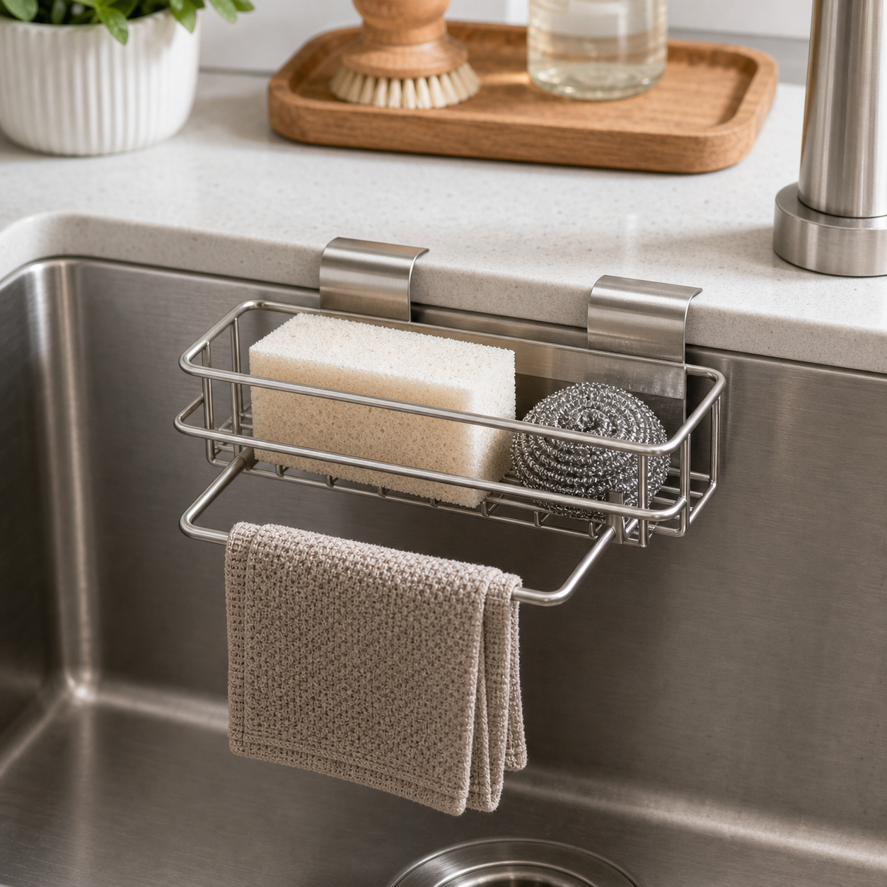 Cozy Haven Sink Drain Sponge Rack - silver sink rack with towel holder lifestyle
