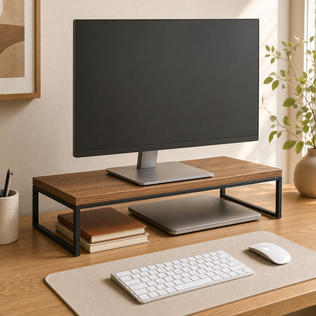 Cozy Haven Wood and Metal Monitor Riser Shelf styled in a home setting