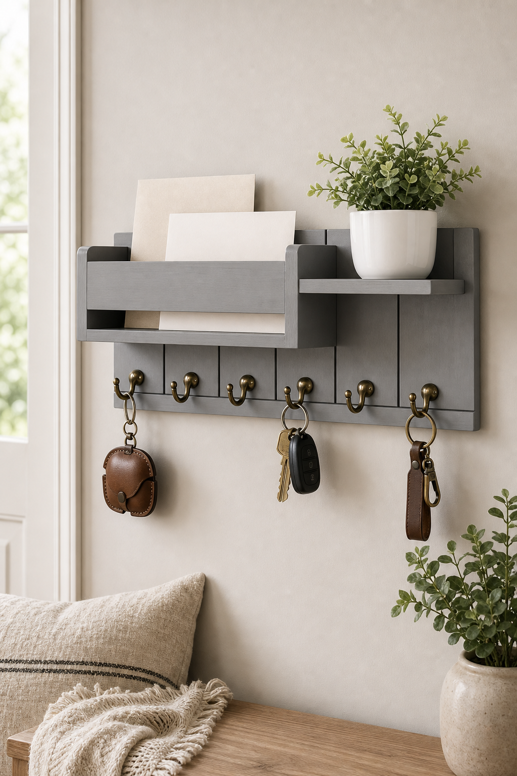 Cozy Haven Wood Wall Mounted Key Holder Organizer - 6 Hook Entryway Storage Rack with Shelf - Home Decor - Grey