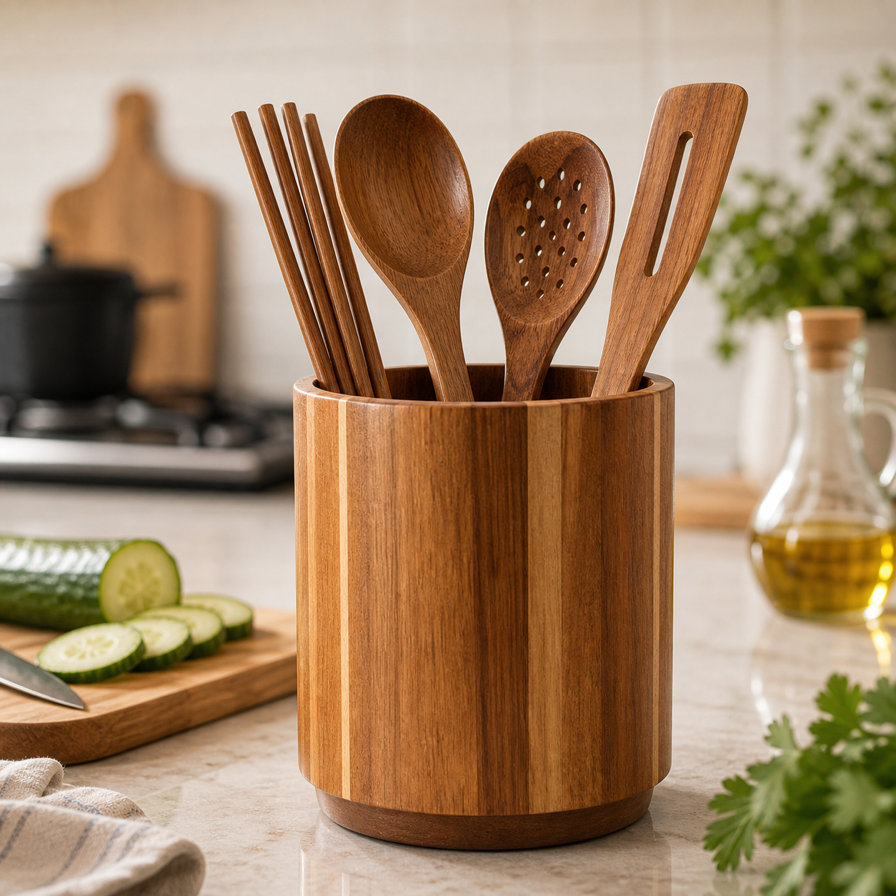 Cozy Haven Round Wooden Utensil Holder lifestyle image 3