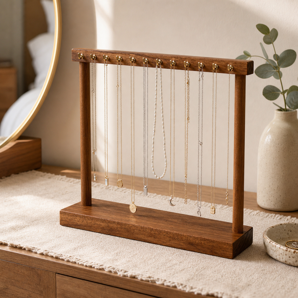 Cozy Haven Wood Necklace Display Stand styled home view 1