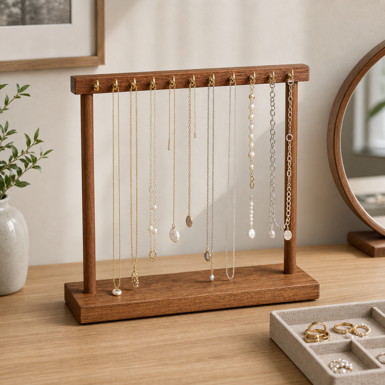 Cozy Haven Wood Necklace Display Stand styled home view 2