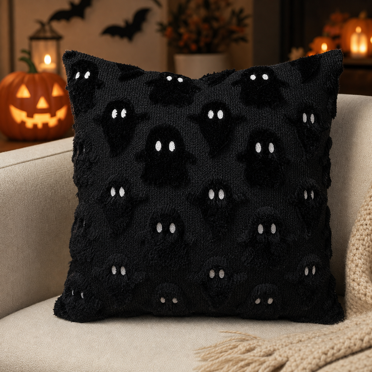 Cozy Haven Ghost Tufted Pillow Cover Collection lifestyle image 1 for Black