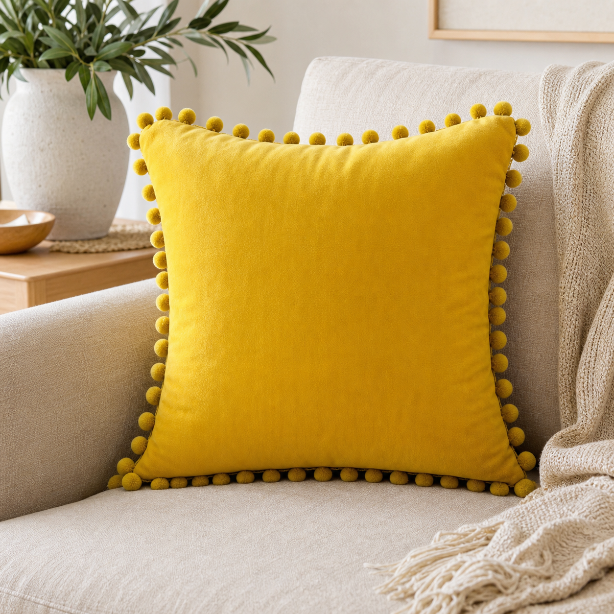 Cozy Haven Pom-Pom Velvet Pillow Cover - Golden Yellow / 45 x 45 cm, Golden Yellow / 40 x 40 cm