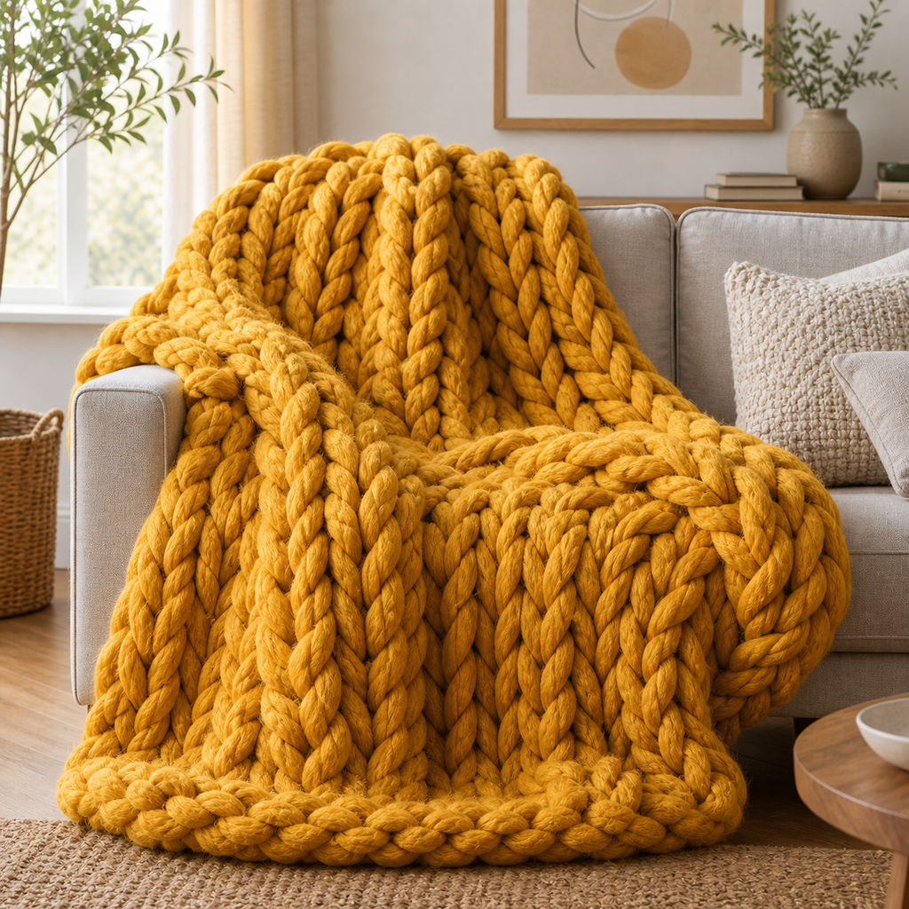 Cozy Haven Chunky Soft Knitted Throw Blanket - Yellow