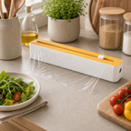 Yellow kitchen wrap dispenser with cutter on a prep counter